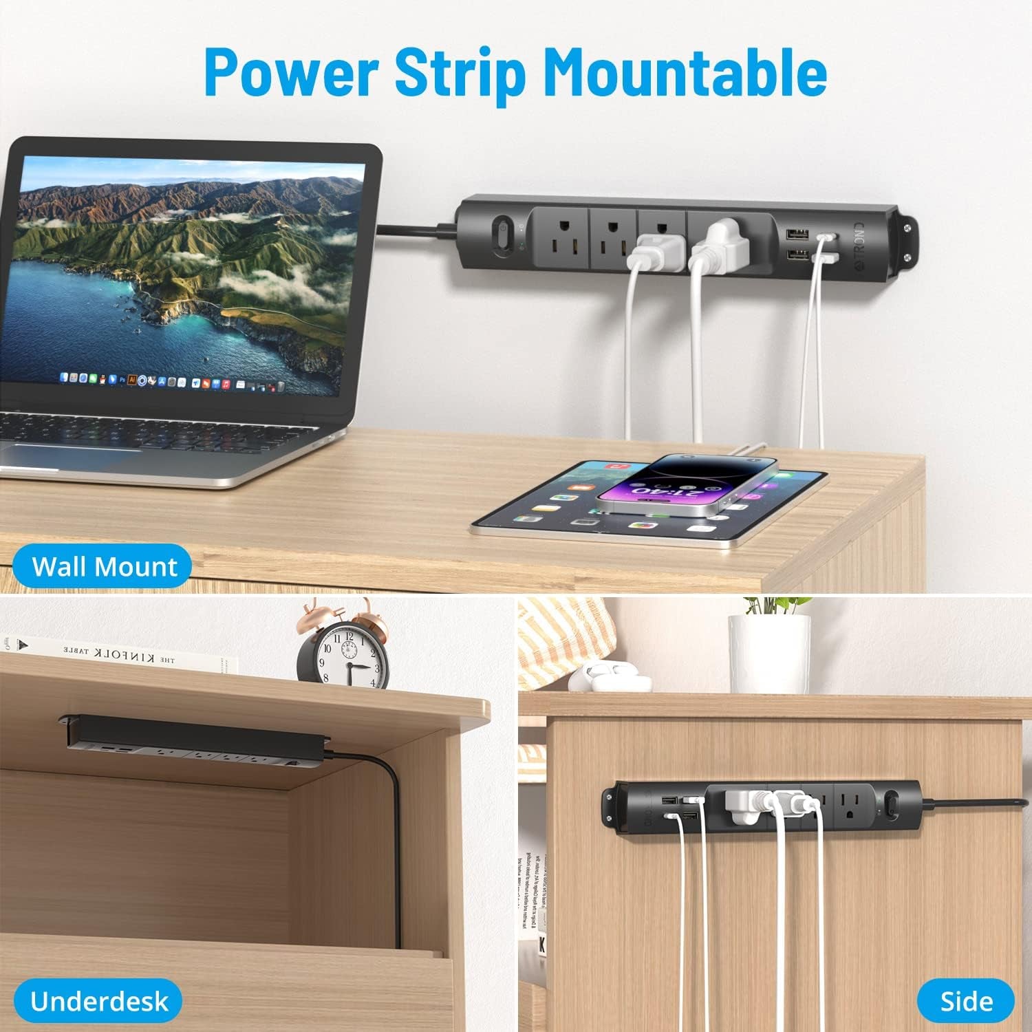 Surge Protector Power Strip with USB, Ultra Thin Flat Plug 6Ft Long Extension Cord 1625W, 3 USB a & 1 Type C, 4 AC Outlets 1440J Surge Protection Wall Mount for Home Office Dorm Room, Black