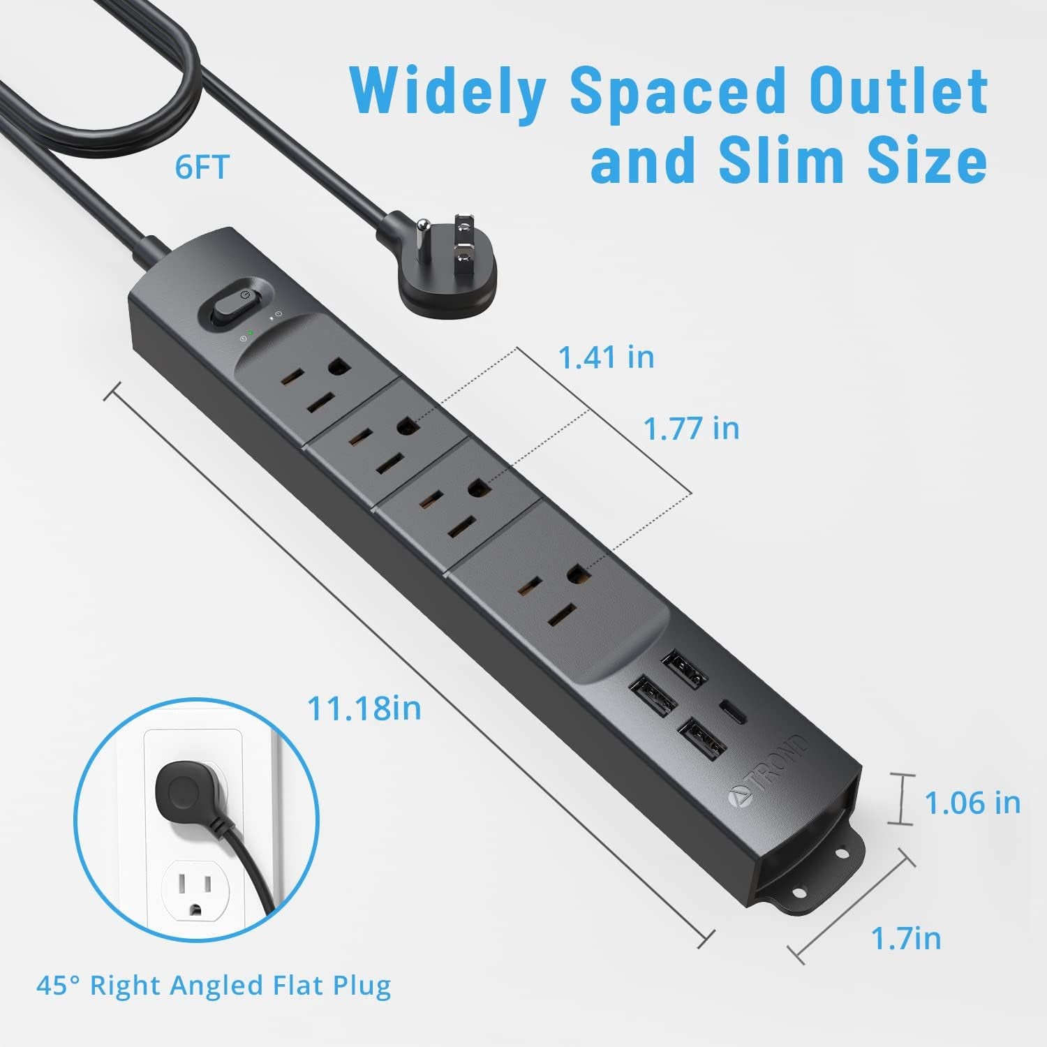 Surge Protector Power Strip with USB, Ultra Thin Flat Plug 6Ft Long Extension Cord 1625W, 3 USB a & 1 Type C, 4 AC Outlets 1440J Surge Protection Wall Mount for Home Office Dorm Room, Black