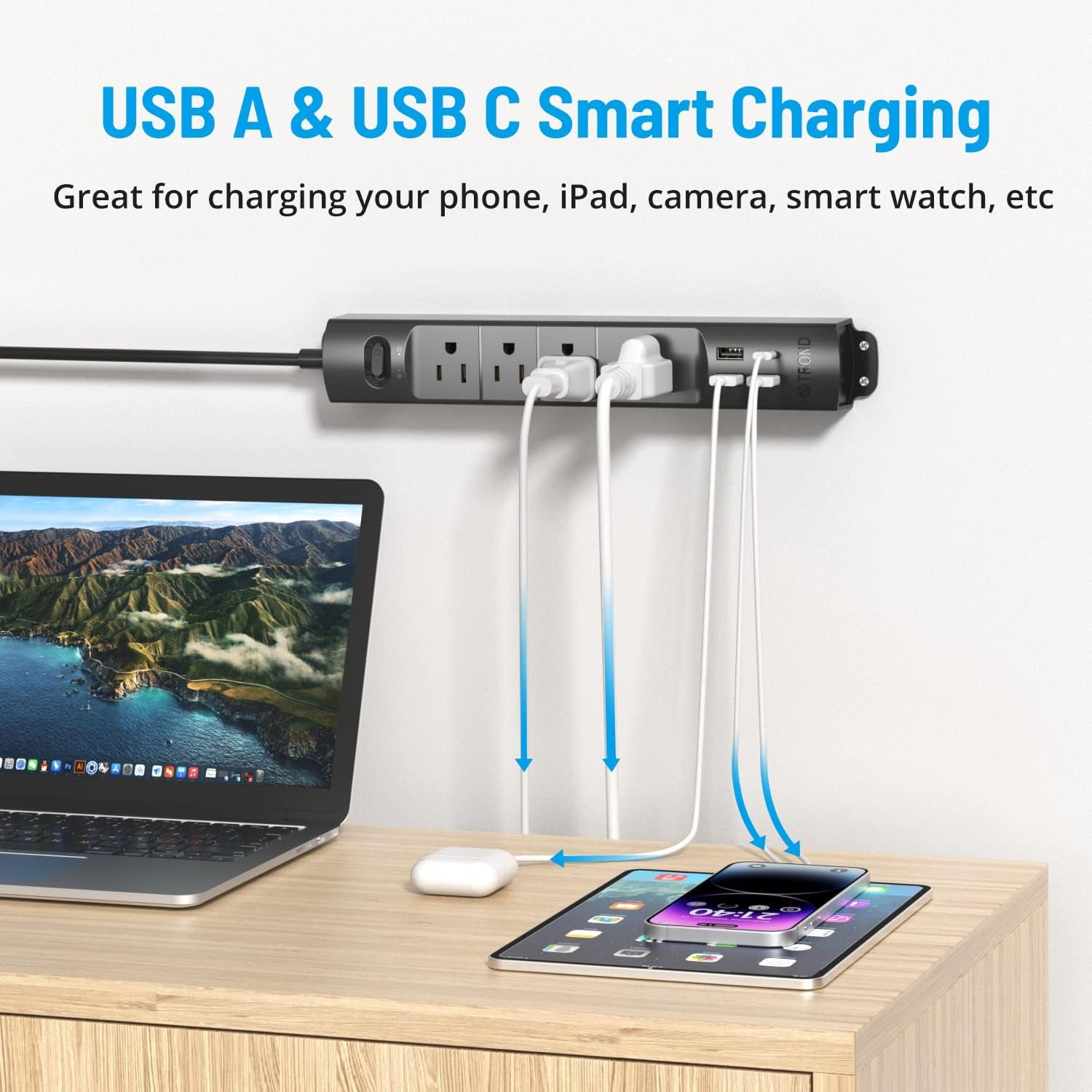 Surge Protector Power Strip with USB, Ultra Thin Flat Plug 6Ft Long Extension Cord 1625W, 3 USB a & 1 Type C, 4 AC Outlets 1440J Surge Protection Wall Mount for Home Office Dorm Room, Black