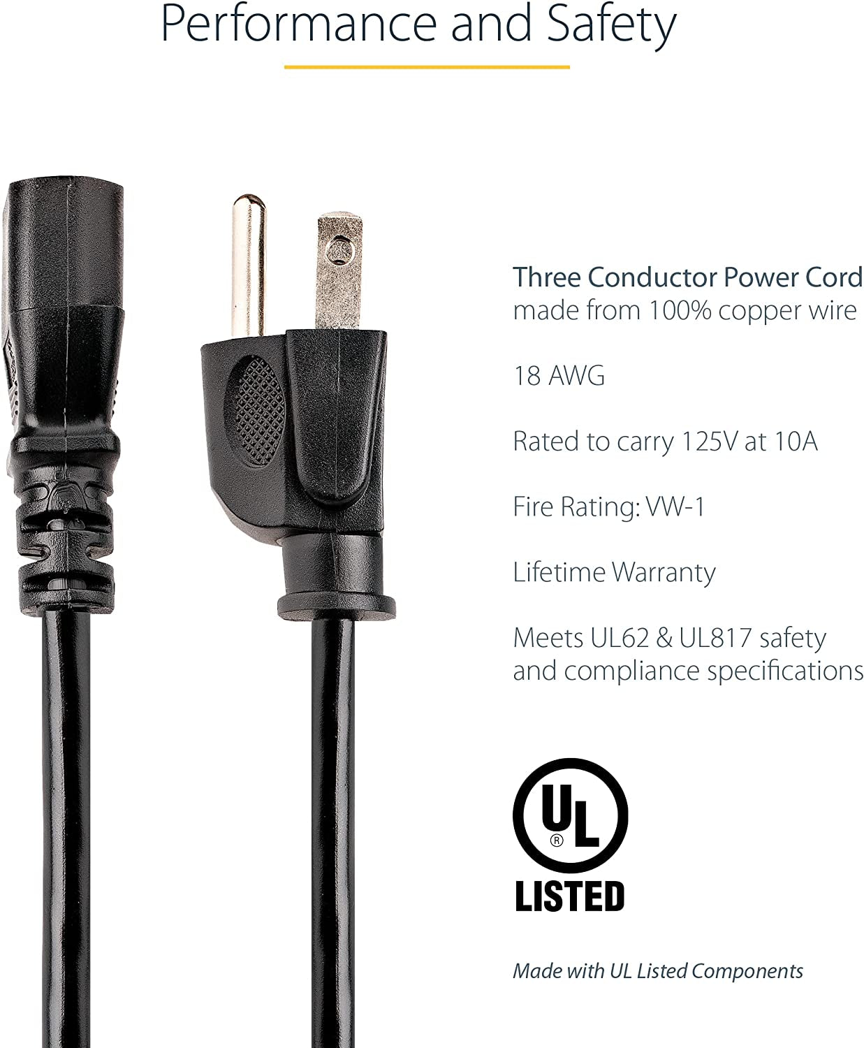 .Com 12Ft (3.6M) Computer Power Cord, NEMA 5-15P to C13, 10A 125V, 18AWG, Black Replacement AC Power Cord, Printer Power Cord, PC Power Supply Cable, Monitor Power Cable - UL Listed (PXT10112)