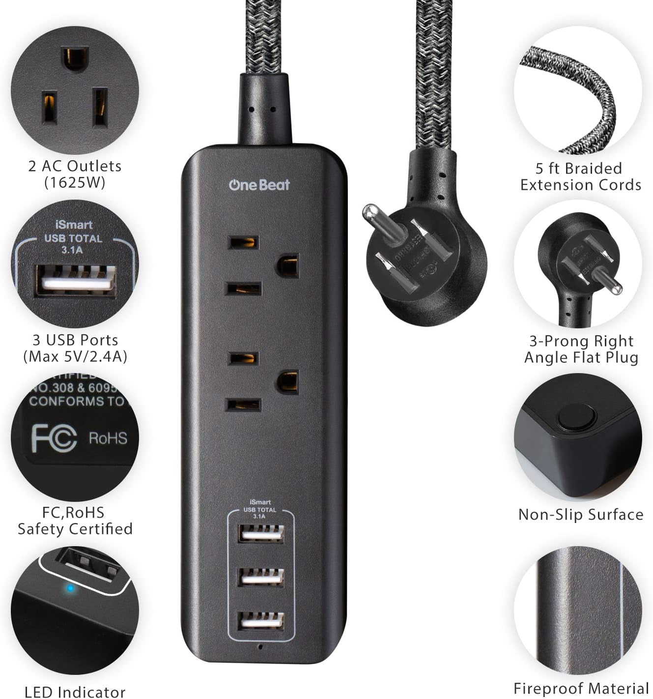 2 Pack Power Strip with USB, 2 Outlets and 3 USB Ports(3.1A, 15W) Travel Power Strip, Desktop Charging Station with 5 Ft Braided Extension Cord, Flat Plug for Cruise, Home and Office, ETL Listed