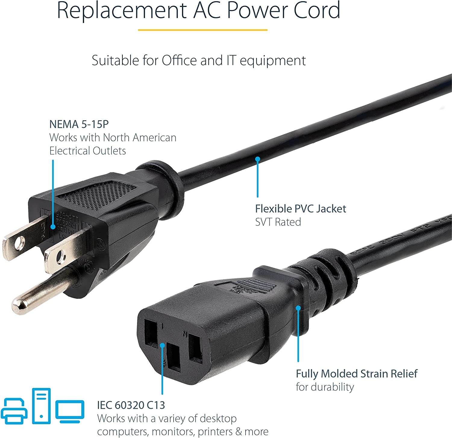 .Com 12Ft (3.6M) Computer Power Cord, NEMA 5-15P to C13, 10A 125V, 18AWG, Black Replacement AC Power Cord, Printer Power Cord, PC Power Supply Cable, Monitor Power Cable - UL Listed (PXT10112)