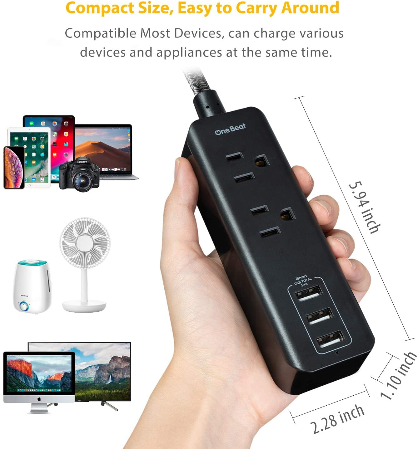 2 Pack Power Strip with USB, 2 Outlets and 3 USB Ports(3.1A, 15W) Travel Power Strip, Desktop Charging Station with 5 Ft Braided Extension Cord, Flat Plug for Cruise, Home and Office, ETL Listed